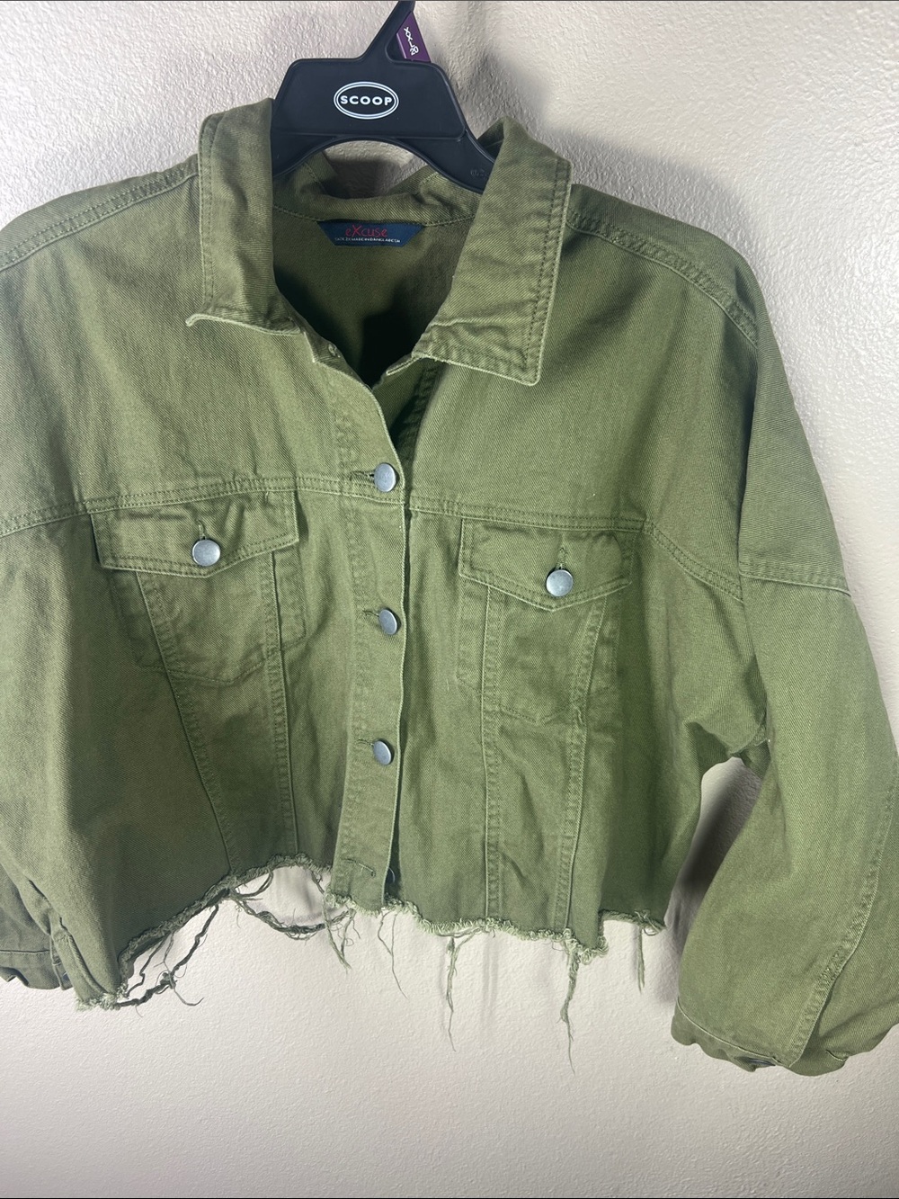 Cropped Olive Green Distressed Jean Jacket - Unbranded